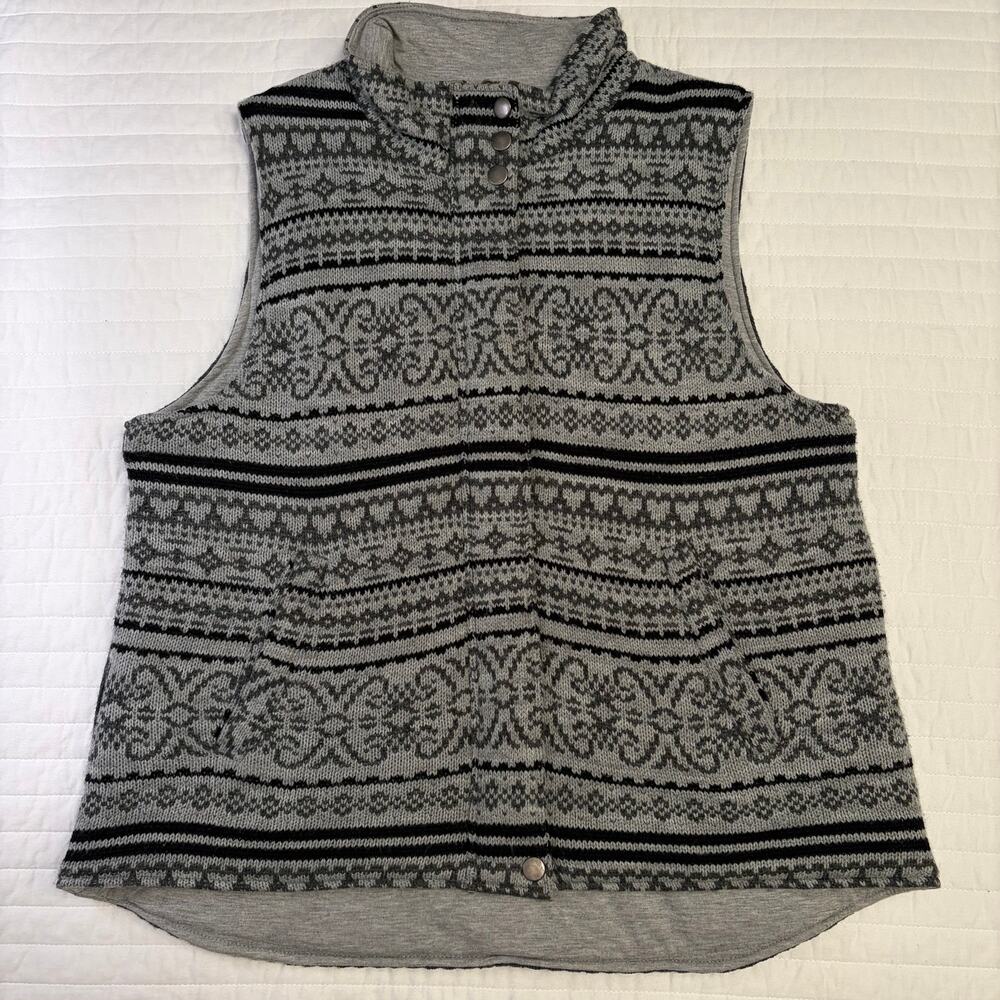 Coldwater Creek Fair Isle Knit Gray Black Vest Womens Large